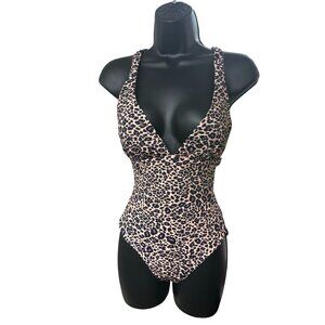 PHAX Cheetah Print One Piece Swimsuit Plunging Crisscross Back Sz M‎